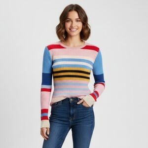 English Factory Women's Ribbed Rainbow Striped Sweater Size M